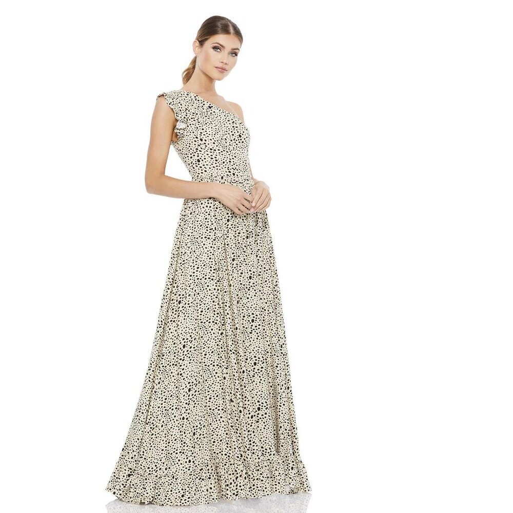 NWT Ieena for Mac Duggal Animal Print One Shoulder Dress 2 Dalmatian #8113